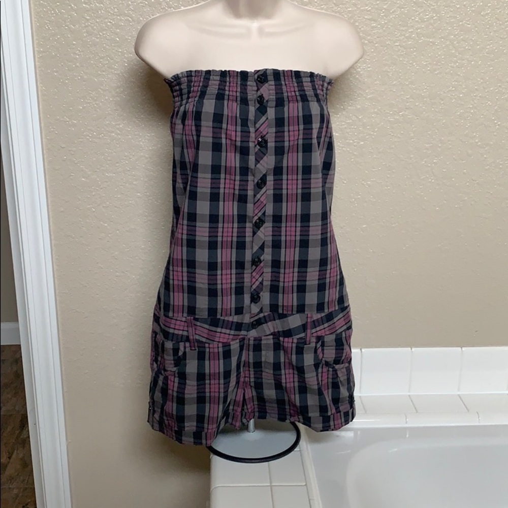 Anchor Blue Plaid Button up Tube top Romper